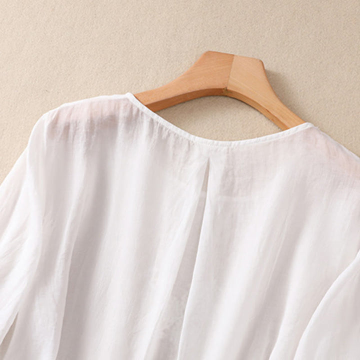 Camisa de algodón y lino de media manga para mujer con diseño floral bordado con Buddha Stones y cuello redondo