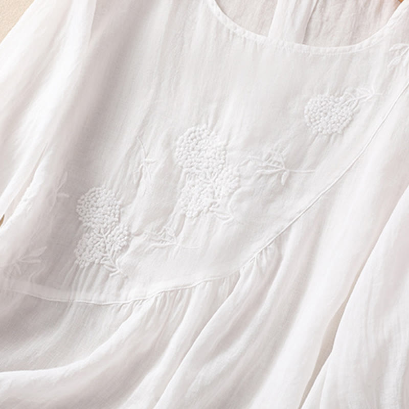 Camisa de algodón y lino de media manga para mujer con diseño floral bordado con Buddha Stones y cuello redondo