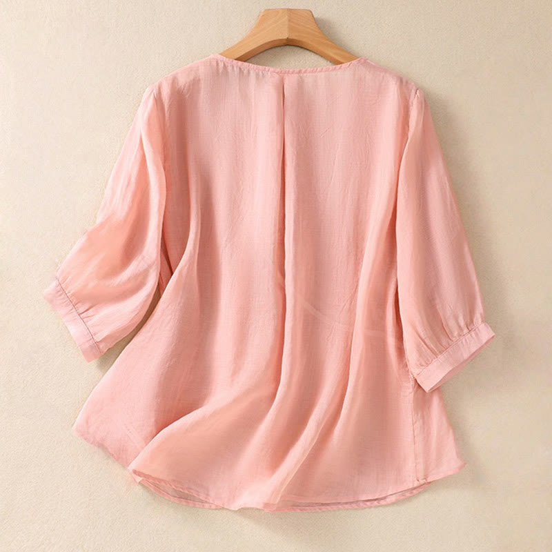 Camisa de algodón y lino de media manga para mujer con diseño floral bordado con Buddha Stones y cuello redondo