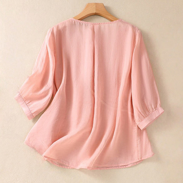 Camisa de algodón y lino de media manga para mujer con diseño floral bordado con Buddha Stones y cuello redondo
