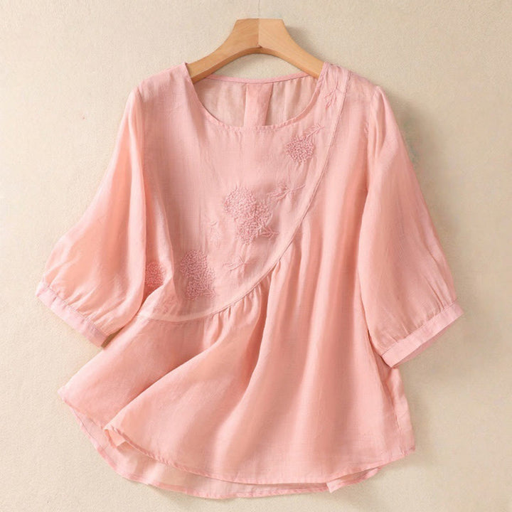 Camisa de algodón y lino de media manga para mujer con diseño de flores bordadas con Buddha Stones y cuello redondo - Rosa - US8-10，UK/AU12-14，EU40-42 (2XL) - image 14
