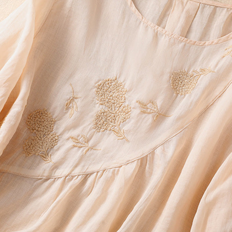 Camisa de algodón y lino de media manga para mujer con diseño floral bordado con Buddha Stones y cuello redondo