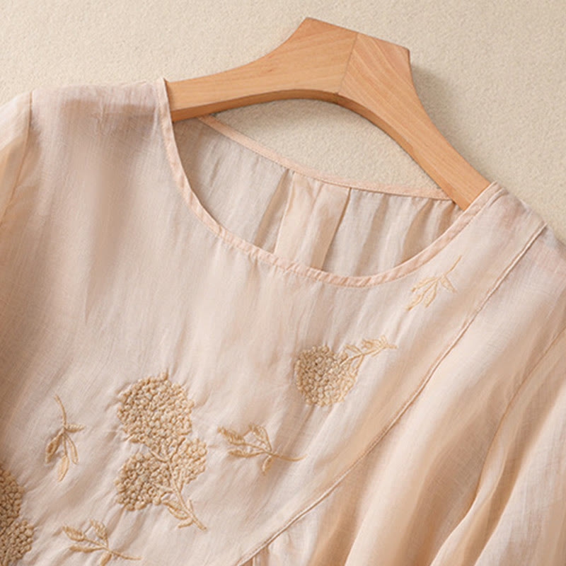 Camisa de algodón y lino de media manga para mujer con diseño floral bordado con Buddha Stones y cuello redondo
