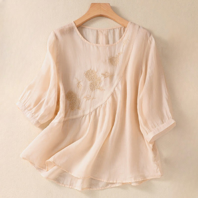 Camisa de algodón y lino de media manga para mujer con diseño floral bordado con Buddha Stones y cuello redondo