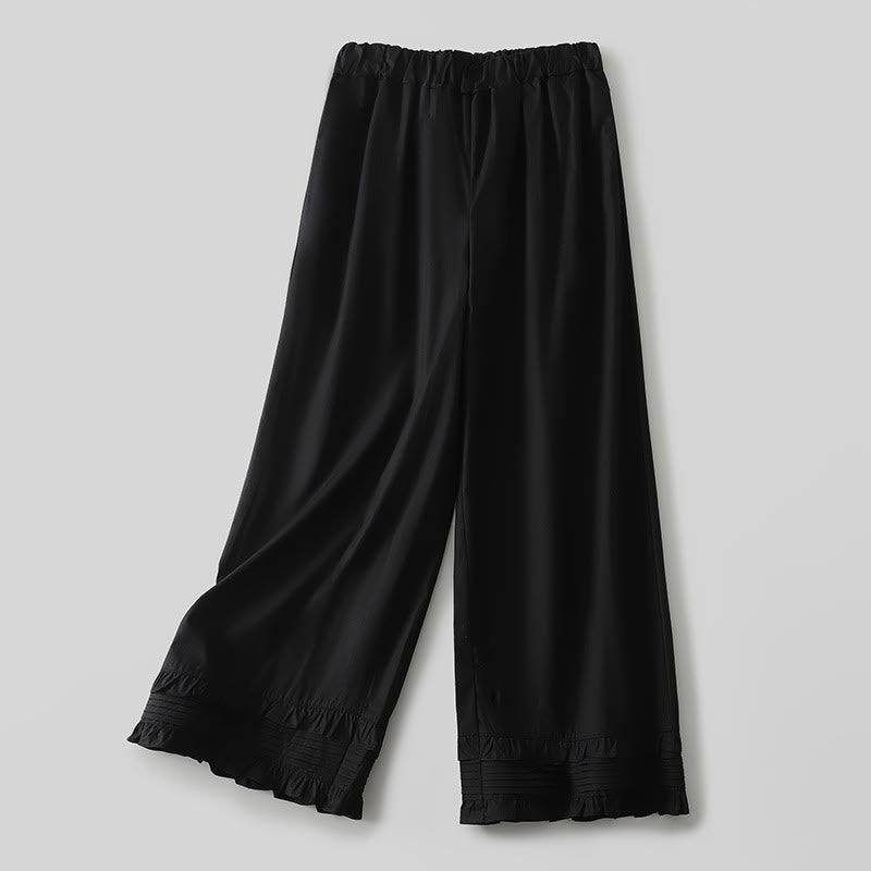 Pantalones de lino y algodón para mujer con bolsillos y diseño de dobladillo con volantes en colores puros de Buddha Stones Artistic Commute - Negro - US12, UK/AU16, EU44 (2XL) - image 9