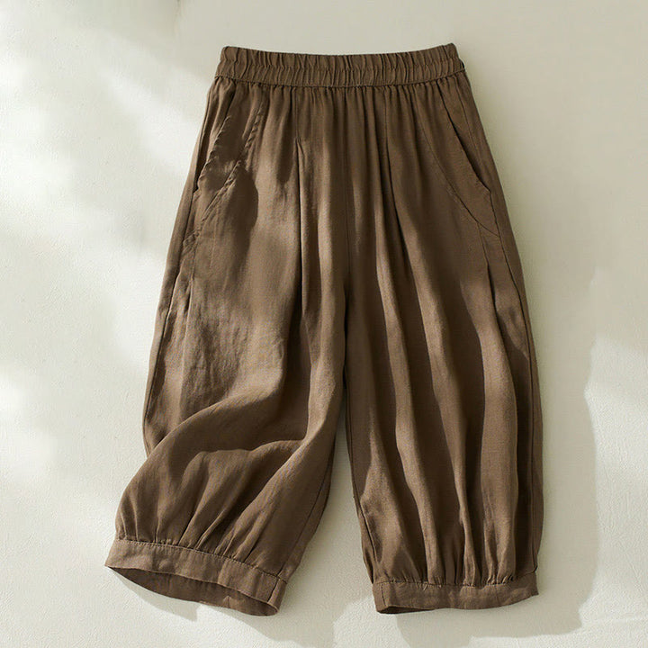 Pantalones harén de lino y algodón con cintura alta para mujer, de Buddha Stones Commute, con bolsillos - SaddleBrown - US8-10，UK/AU12-14，EU40-42 (2XL) - image 0