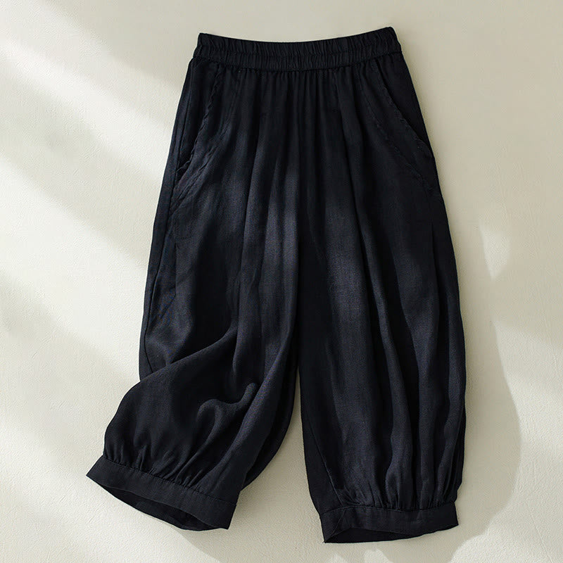 Pantalones harén de lino y algodón con cintura alta para mujer, de Buddha Stones Commute, con bolsillos