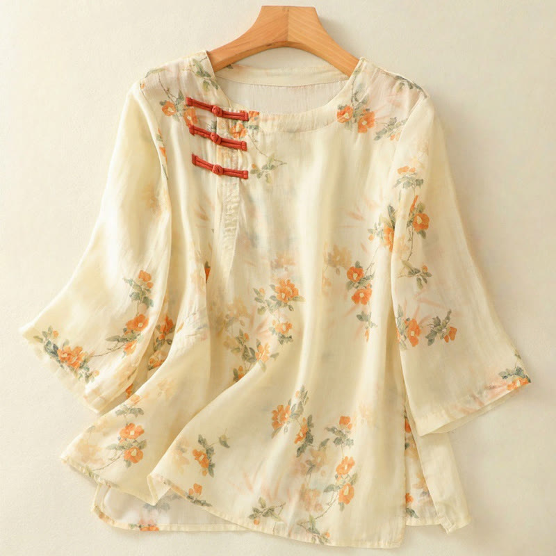 Camisa de poliéster de manga tres cuartos para mujer con cuello redondo, estampado de plantas y botones de rana, con Buddha Stones - LimónChiffon - US8-10，UK/AU12-14，EU40-42 (2XL) - image 0