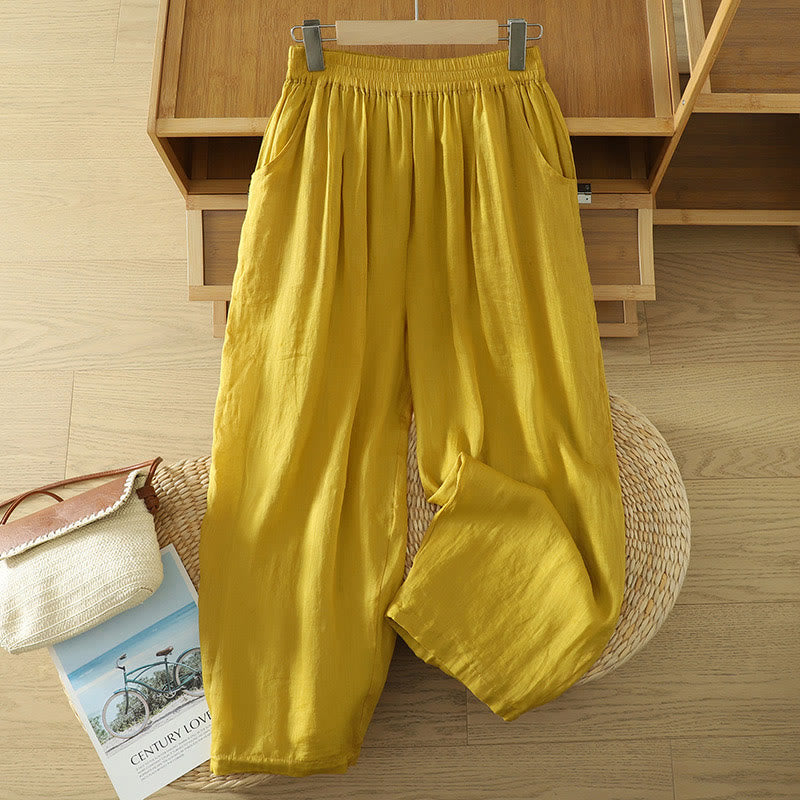 Pantalones harén de lino y algodón para mujer, hasta el tobillo, con bolsillos, diseño sencillo, color puro, Buddha Stones Commute - Oro - US8-10，UK/AU12-14，EU40-42 (2XL) - image 0