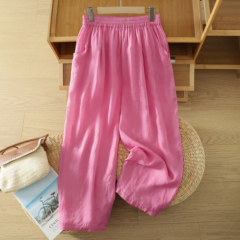 Pantalones harén de lino y algodón para mujer, hasta el tobillo, con bolsillos, diseño sencillo, color puro, Buddha Stones Commute - Rosa intenso - US8-10，UK/AU12-14，EU40-42 (2XL) - image 15