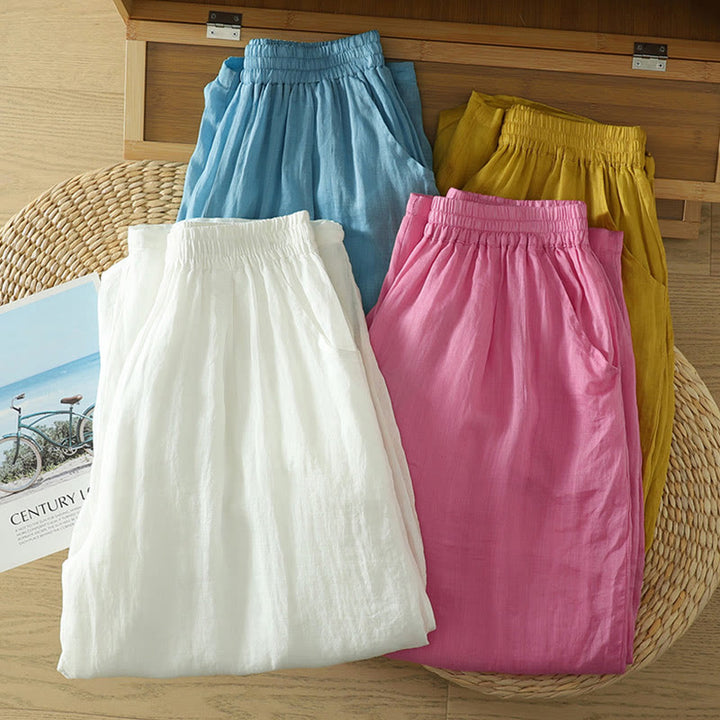 Pantalones harén de lino y algodón para mujer, hasta el tobillo, con bolsillos, diseño sencillo, color puro, Buddha Stones Commute - image 25
