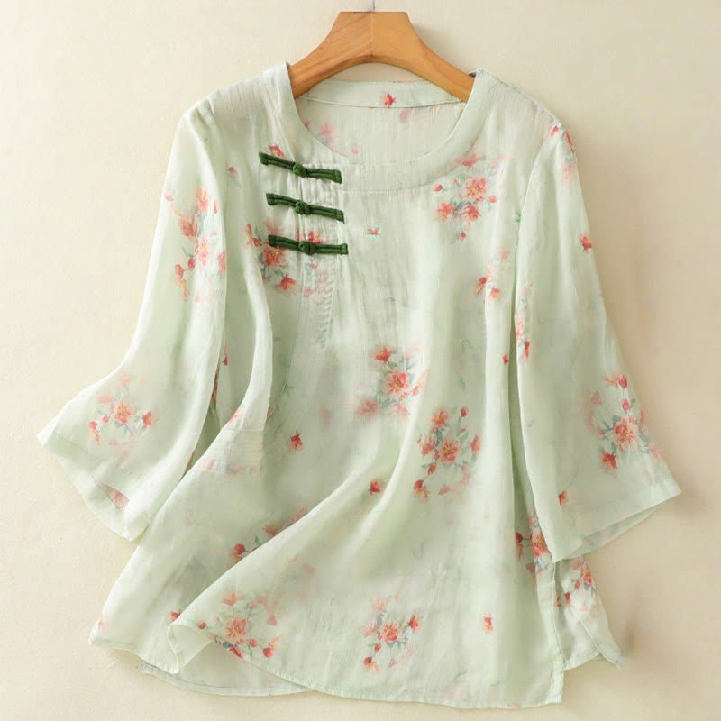 Camisa de poliéster de manga tres cuartos para mujer con cuello redondo, estampado de plantas y botones de rana, con Buddha Stones - Aguamarina - US8-10，UK/AU12-14，EU40-42 (2XL) - image 17