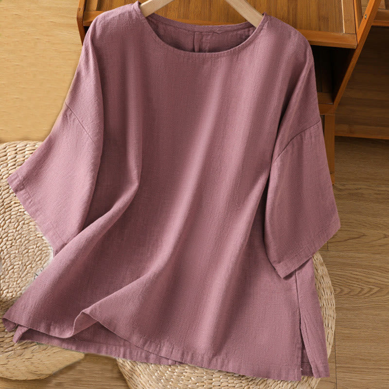 Buddha Stones Camiseta informal de verano de algodón de manga corta con cuello redondo para mujer - Violeta pálido rojo - US14，UK/AU18，EU46 (2XL) - image 0