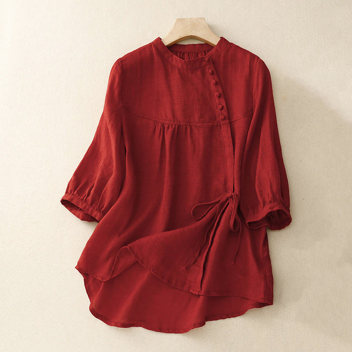Camisa de lino y algodón para mujer con mangas tres cuartos y diseño de Buddha Stones con botones y cordones - Carmesí - US14，UK/AU18，EU46 (2XL) - image 15