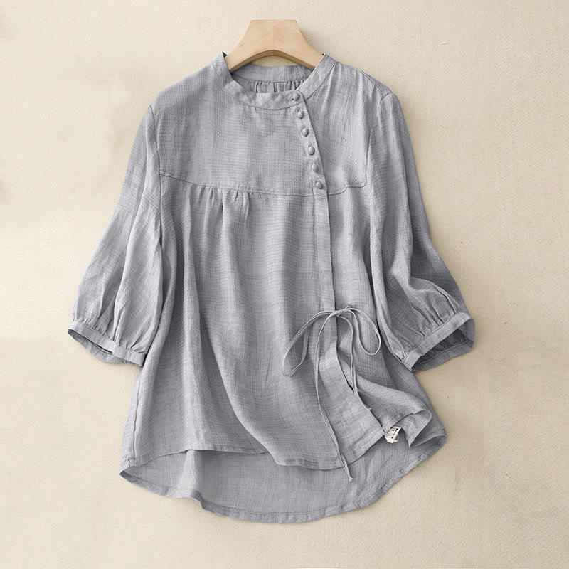 Camisa de lino y algodón para mujer con mangas tres cuartos y diseño de Buddha Stones con botones y cordones - Azul claro - US14，UK/AU18，EU46 (2XL) - image 0