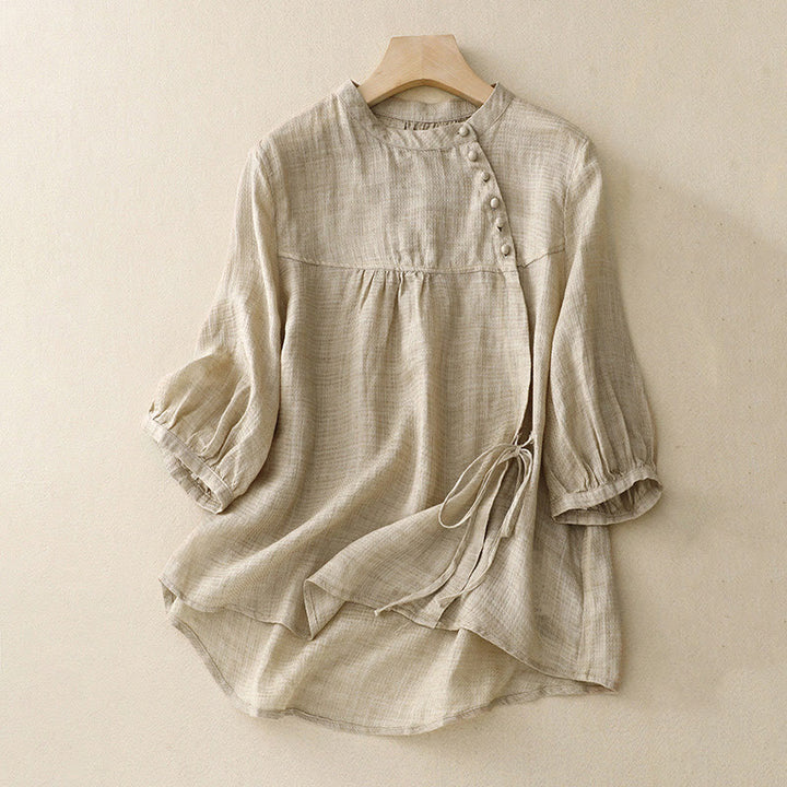 Camisa de lino y algodón para mujer con mangas tres cuartos y diseño de Buddha Stones con botones y cordones - Trigo - US14，UK/AU18，EU46 (2XL) - image 6