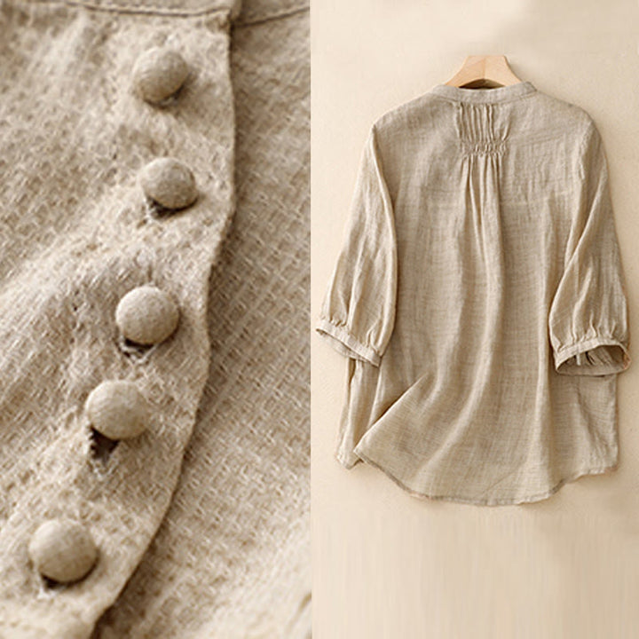 Camisa de lino y algodón para mujer con mangas tres cuartos y diseño de Buddha Stones con botones y cordones - image 12