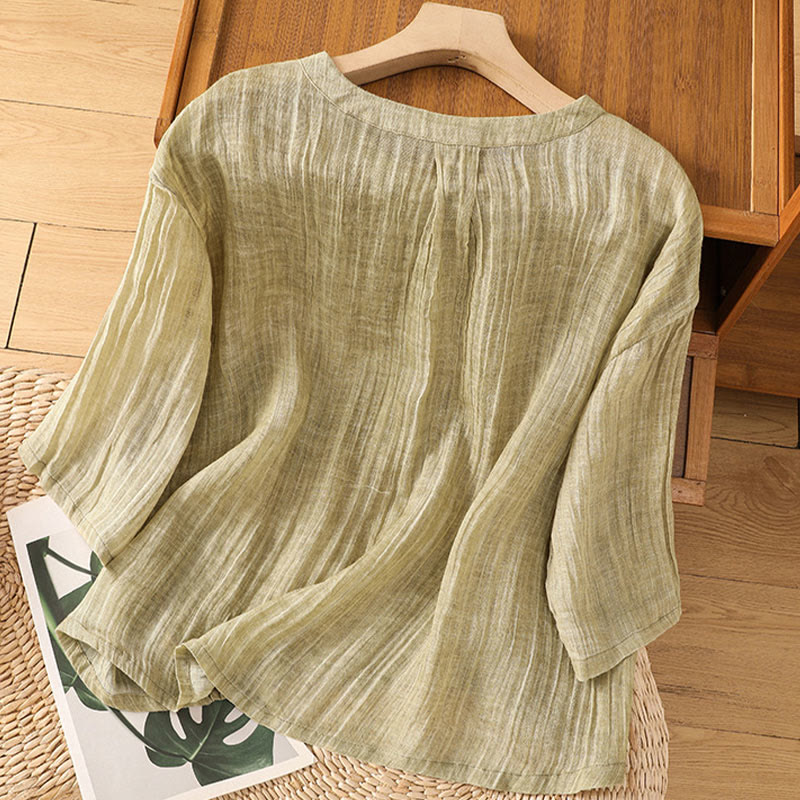 Camiseta informal de verano con cuello redondo y manga tres cuartos de algodón y lino para mujer con estampado de Buddha Stones - image 1