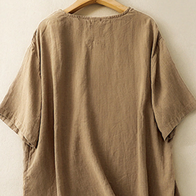 Camiseta informal de algodón de manga corta con cuello redondo y bordado de Buddha Stones para mujer, de verano