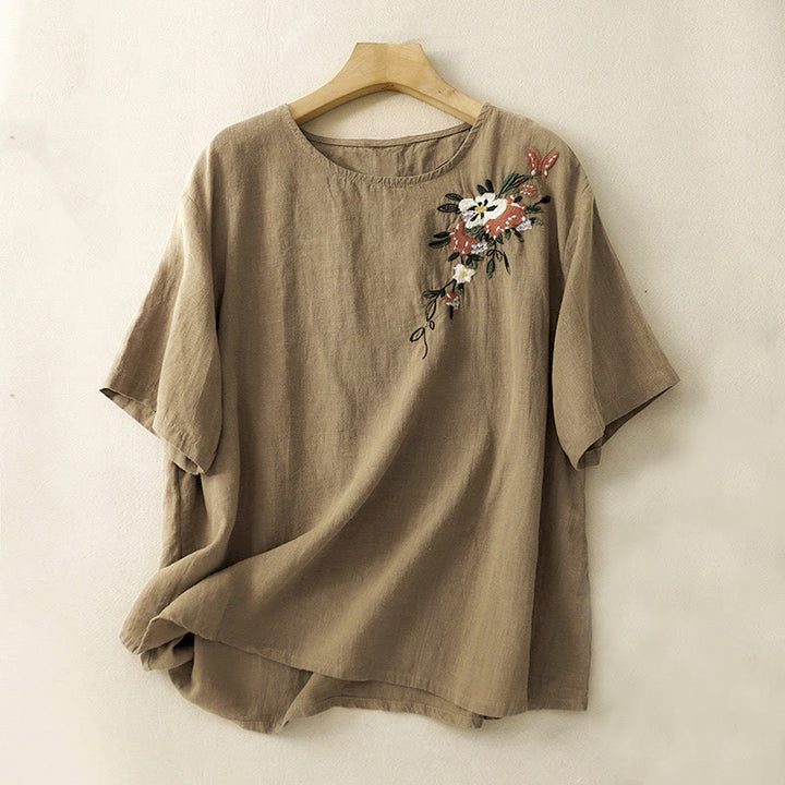 Camiseta informal de algodón de manga corta con cuello redondo y bordado de Buddha Stones para mujer, de verano