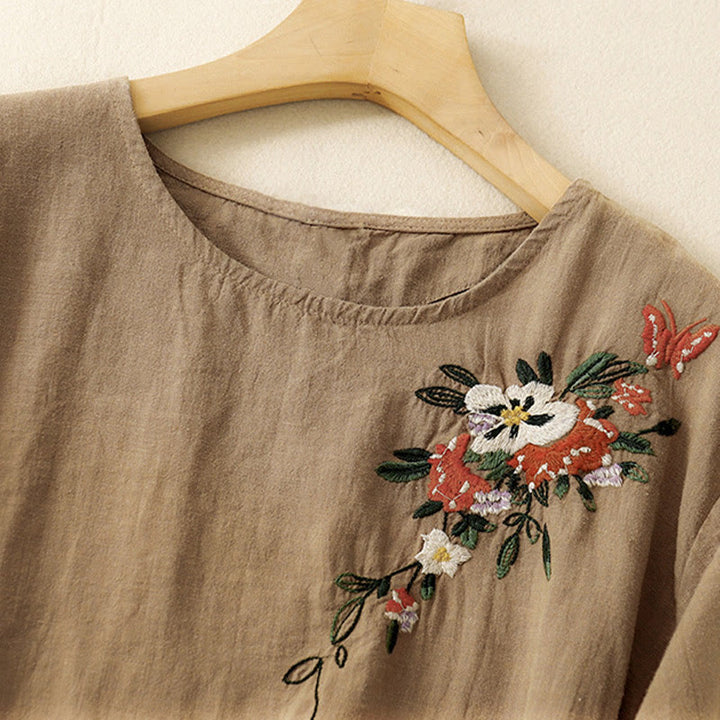 Camiseta informal de algodón de manga corta con cuello redondo y bordado de Buddha Stones para mujer, de verano
