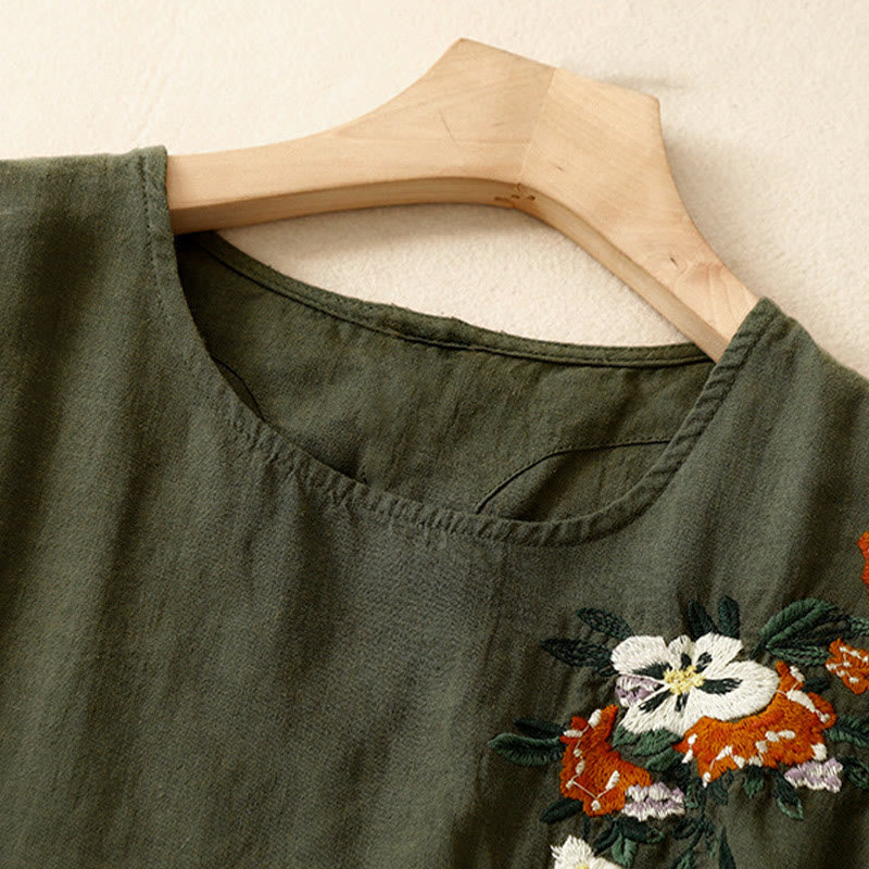 Camiseta informal de algodón de manga corta con cuello redondo y bordado de Buddha Stones para mujer, de verano