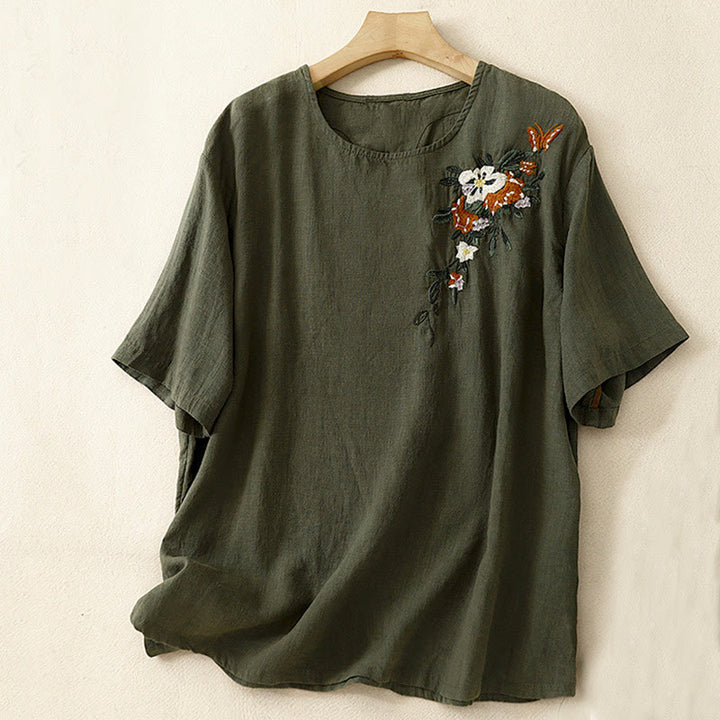 Camiseta informal de algodón de manga corta con cuello redondo y bordado de Buddha Stones para mujer, de verano