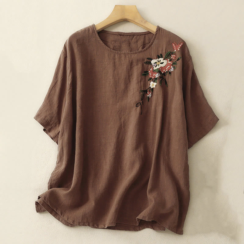 Camiseta informal de algodón de manga corta con cuello redondo y bordado de Buddha Stones para mujer, de verano