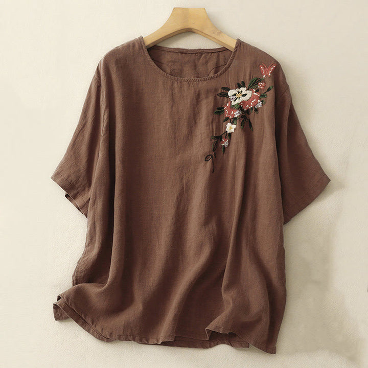 Camiseta informal de algodón de manga corta con cuello redondo y bordado de Buddha Stones para mujer, de verano