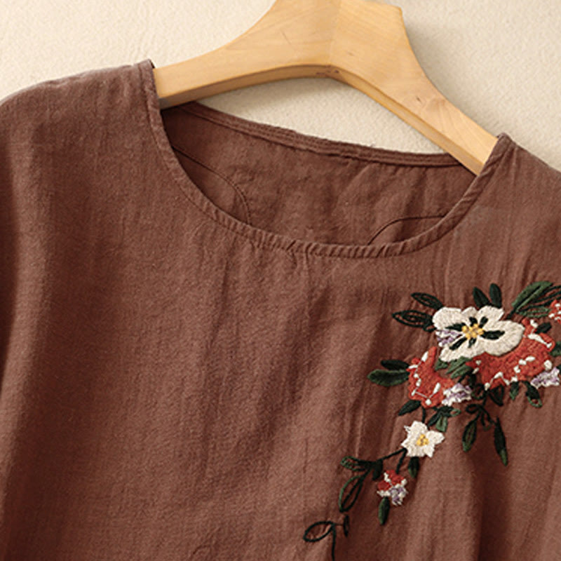 Camiseta informal de algodón de manga corta con cuello redondo y bordado de Buddha Stones para mujer, de verano