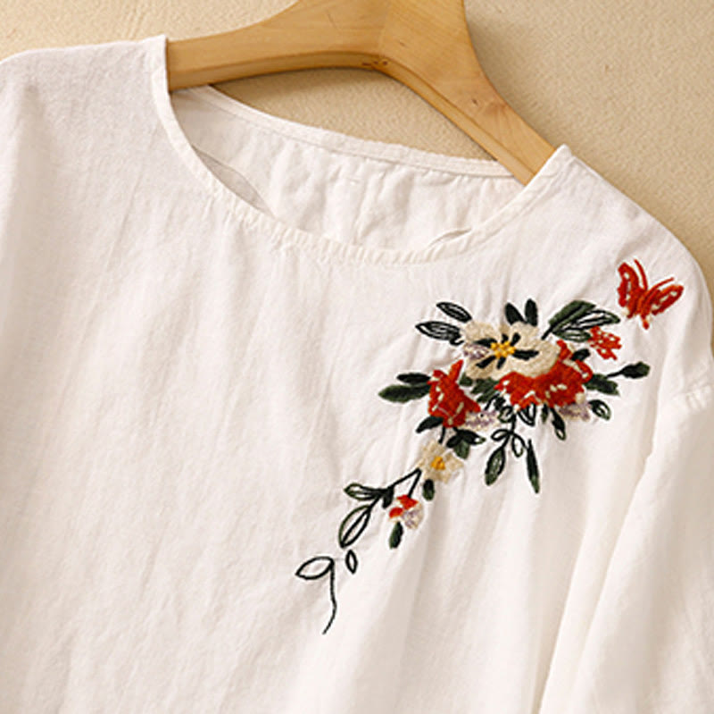 Camiseta informal de algodón de manga corta con cuello redondo y bordado de Buddha Stones para mujer, de verano
