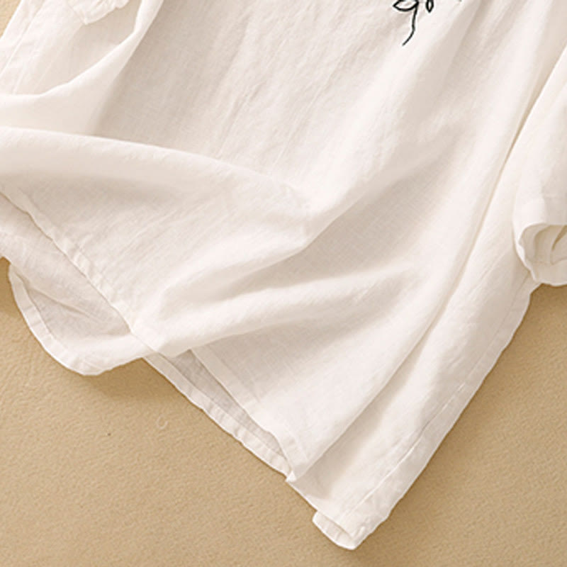 Camiseta informal de algodón de manga corta con cuello redondo y bordado de Buddha Stones para mujer, de verano