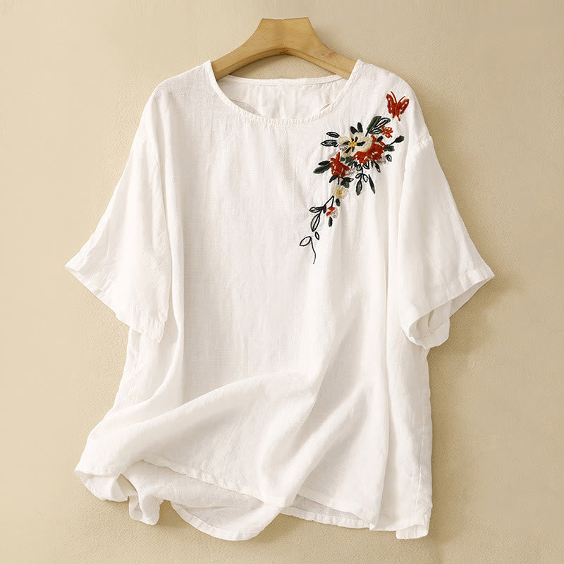 Camiseta informal de algodón de manga corta con cuello redondo y bordado de Buddha Stones para mujer, de verano