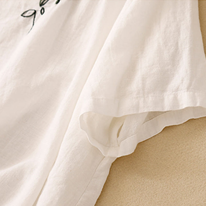 Camiseta informal de algodón de manga corta con cuello redondo y bordado de Buddha Stones para mujer, de verano