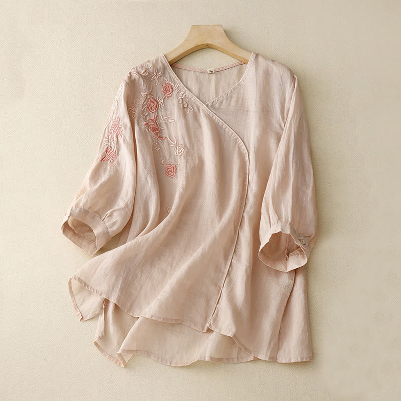 Camisa de algodón y lino con mangas tres cuartos para mujer, diseño bordado con piedras de Buddha Stones y rosas - Lavanda Rubor - US12, UK/AU16, EU44 (2XL) - image 0