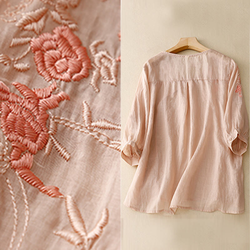 Camisa de algodón y lino con mangas tres cuartos para mujer, diseño bordado con piedras de Buddha Stones y rosas - image 6