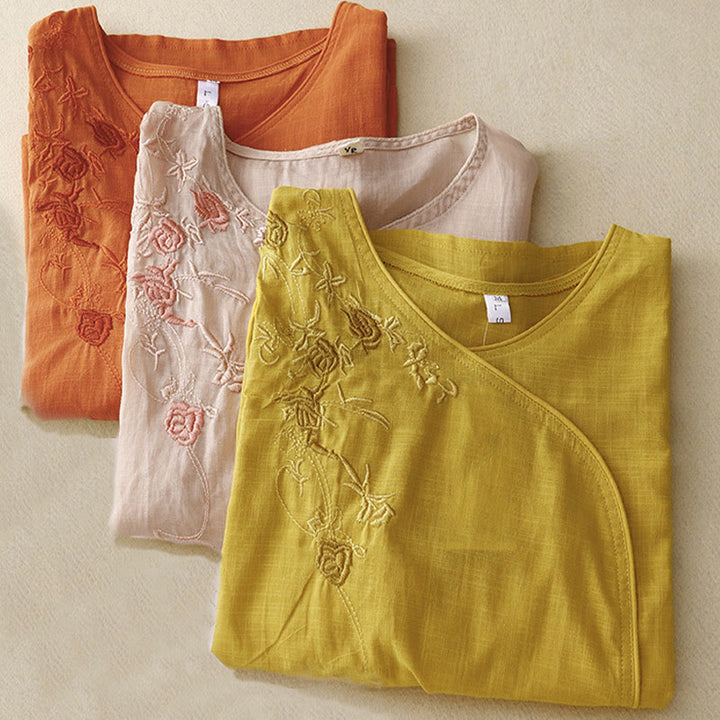Camisa de algodón y lino con mangas tres cuartos para mujer, diseño bordado con piedras de Buddha Stones y rosas - image 12