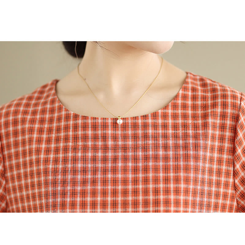 Vestido midi de lino y algodón con cuello redondo, manga corta y bolsillos, estampado a cuadros retro de Buddha Stones en color liso - image 7