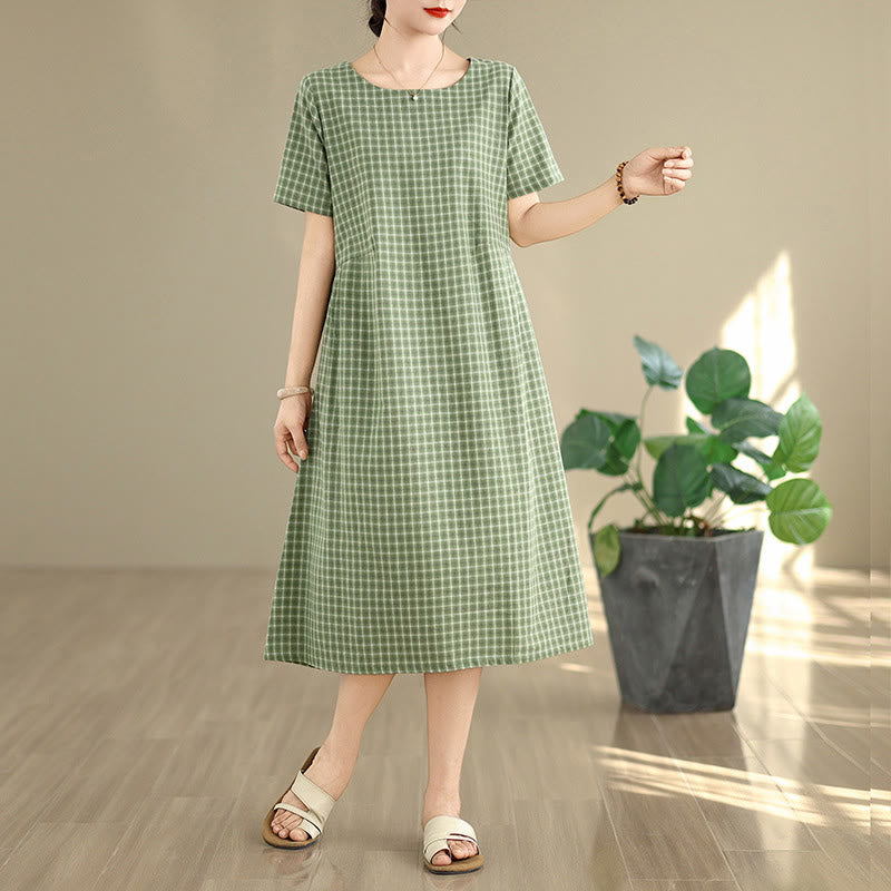 Vestido midi de lino y algodón con cuello redondo, manga corta y bolsillos, estampado a cuadros retro de Buddha Stones en color liso - Verde mar medio - US8-10，UK/AU12-14，EU40-42 (2XL) - image 10