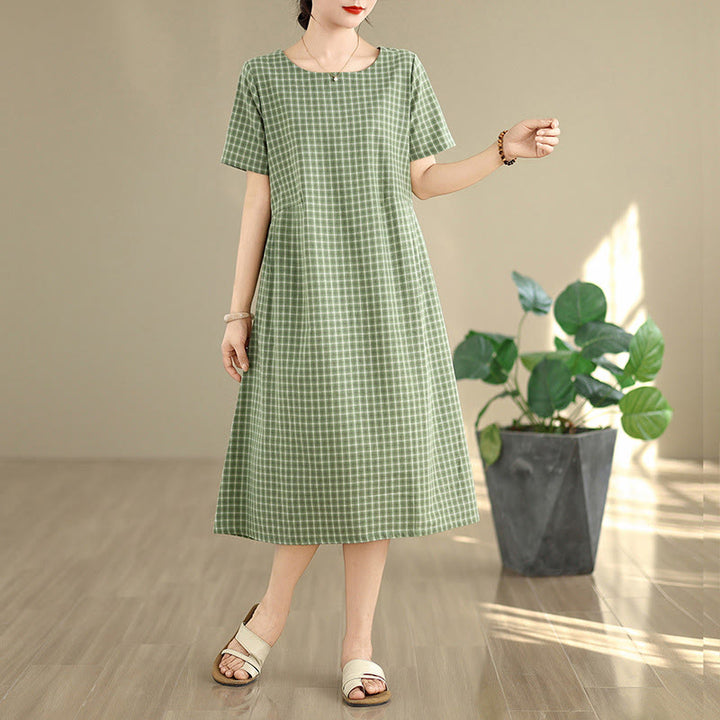 Vestido midi de lino y algodón con cuello redondo, manga corta y bolsillos, estampado a cuadros retro de Buddha Stones en color liso - Verde mar medio - US8-10，UK/AU12-14，EU40-42 (2XL) - image 10