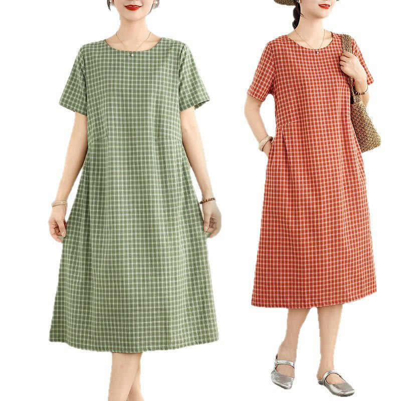 Vestido midi de lino y algodón con cuello redondo, manga corta y bolsillos, estampado a cuadros retro de Buddha Stones en color liso - image 17