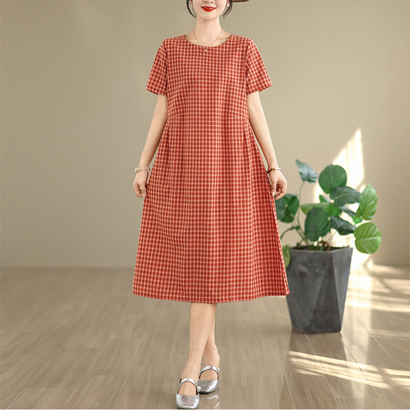 Vestido midi de lino y algodón con cuello redondo, manga corta y bolsillos, estampado a cuadros retro de Buddha Stones en color liso - NaranjaRojo - US8-10，UK/AU12-14，EU40-42 (2XL) - image 0
