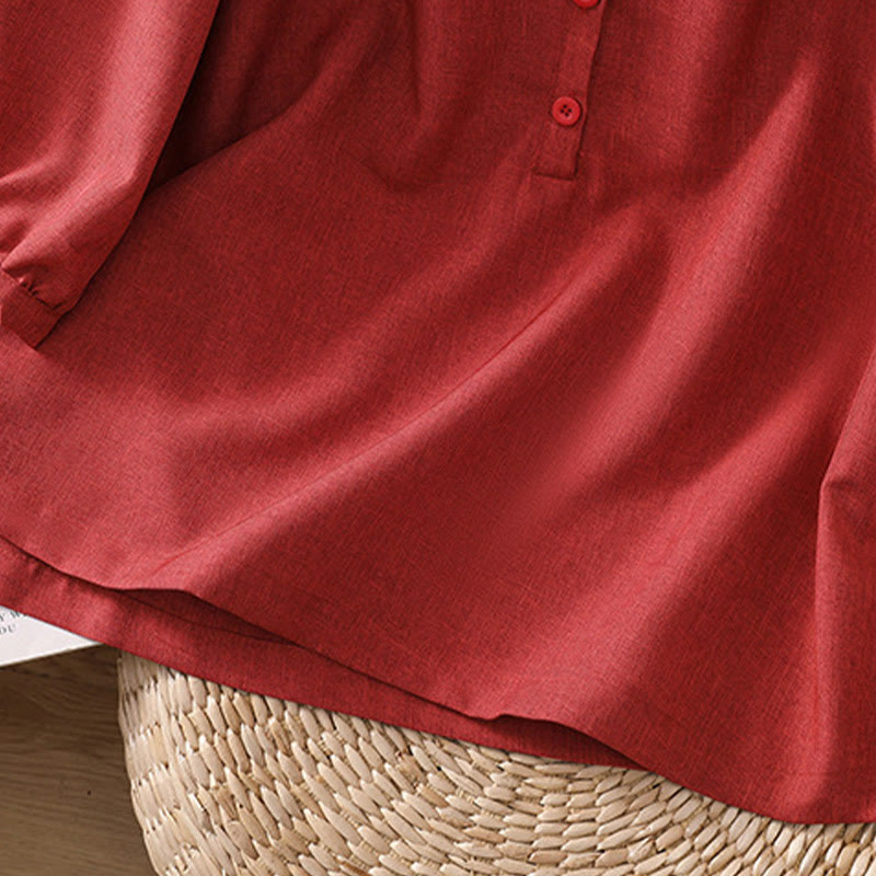 Camisa de lino y algodón con cuello redondo y botones lisos para mujer, manga tres cuartos, con diseño de Buddha Stones