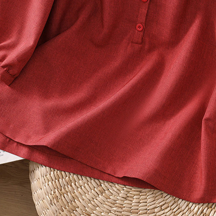 Camisa de lino y algodón con cuello redondo y botones lisos para mujer, manga tres cuartos, con diseño de Buddha Stones