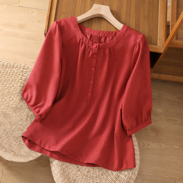 Camisa de lino y algodón con cuello redondo y botones lisos para mujer, manga tres cuartos, con diseño de Buddha Stones