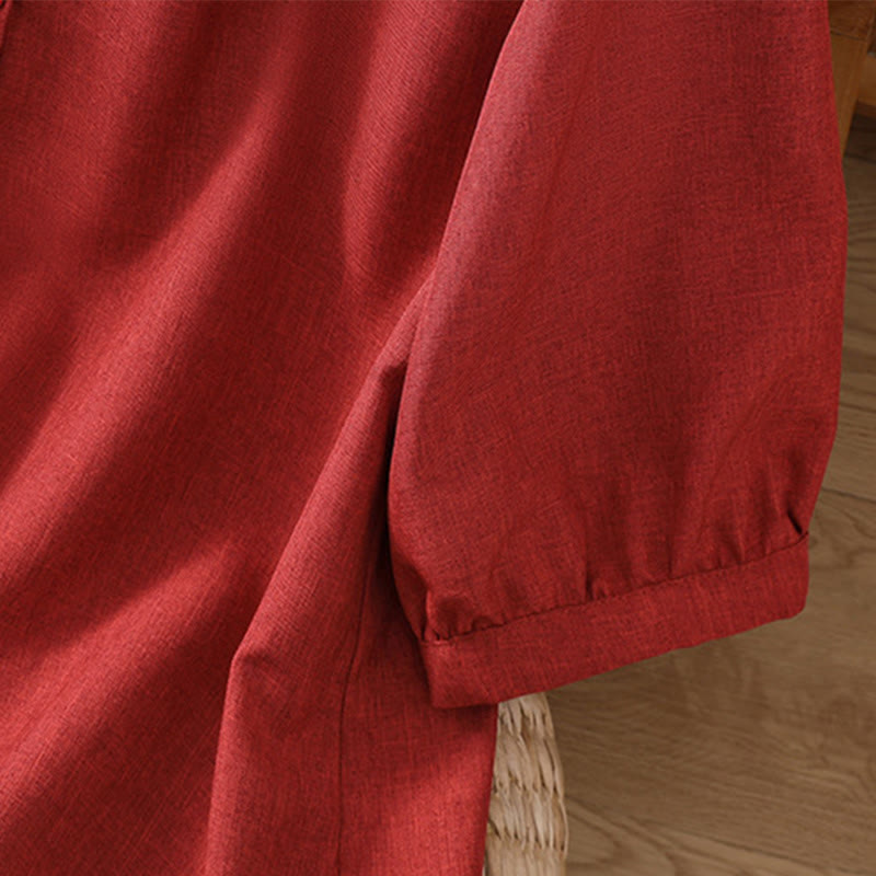 Camisa de lino y algodón con cuello redondo y botones lisos para mujer, manga tres cuartos, con diseño de Buddha Stones