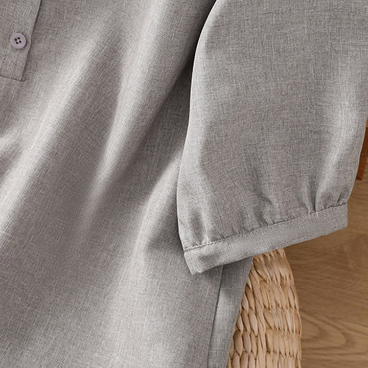 Camisa de lino y algodón con cuello redondo y botones lisos para mujer, manga tres cuartos, con diseño de Buddha Stones