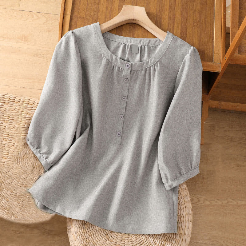 Camisa de lino y algodón con cuello redondo y botones lisos para mujer, manga tres cuartos, con diseño de Buddha Stones