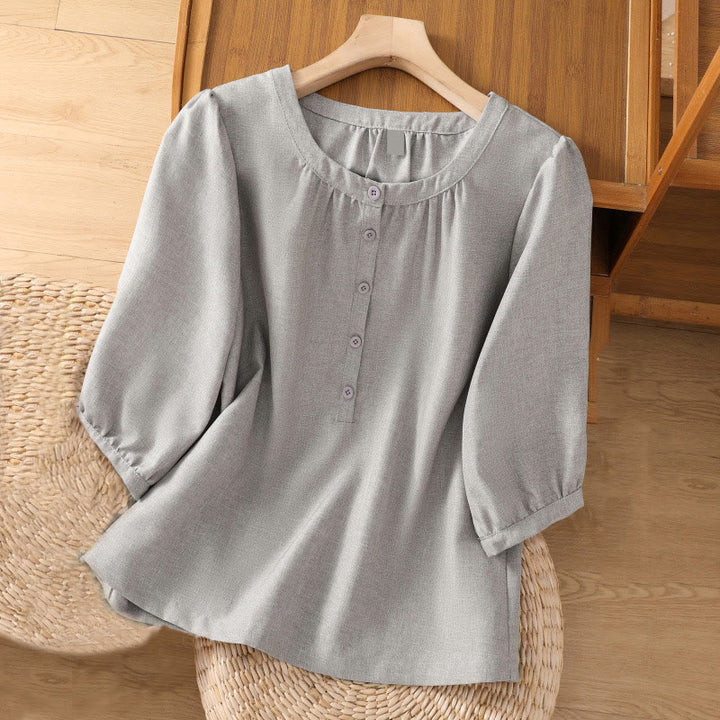 Camisa de lino y algodón con cuello redondo y botones lisos para mujer, manga tres cuartos, con diseño de Buddha Stones