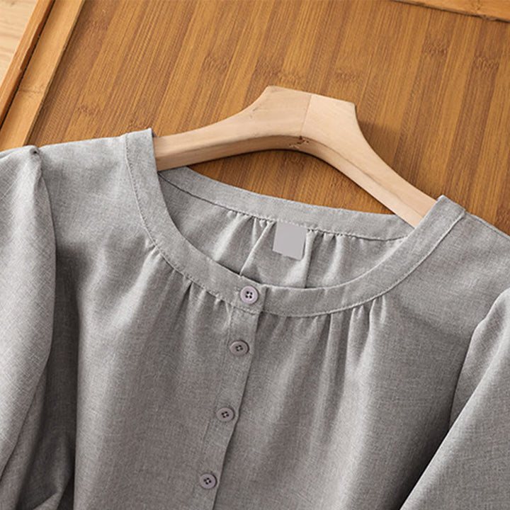 Camisa de lino y algodón con cuello redondo y botones lisos para mujer, manga tres cuartos, con diseño de Buddha Stones